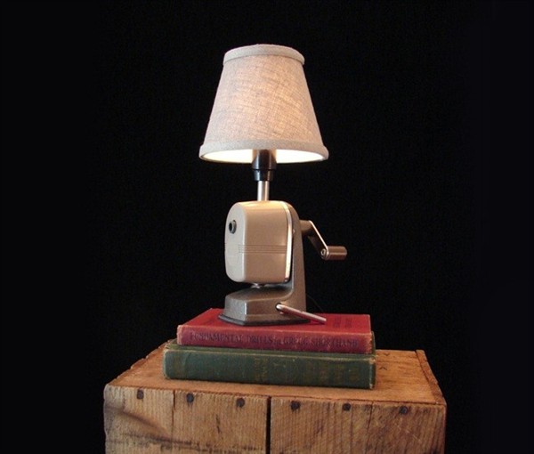 A lamp that utilizes an old pencil sharpener into the design.