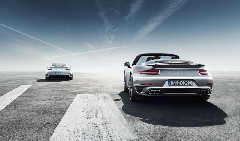 Porsche 911 Turbo and Turbo S Cabriolet, Side By Side From a Rear Angle