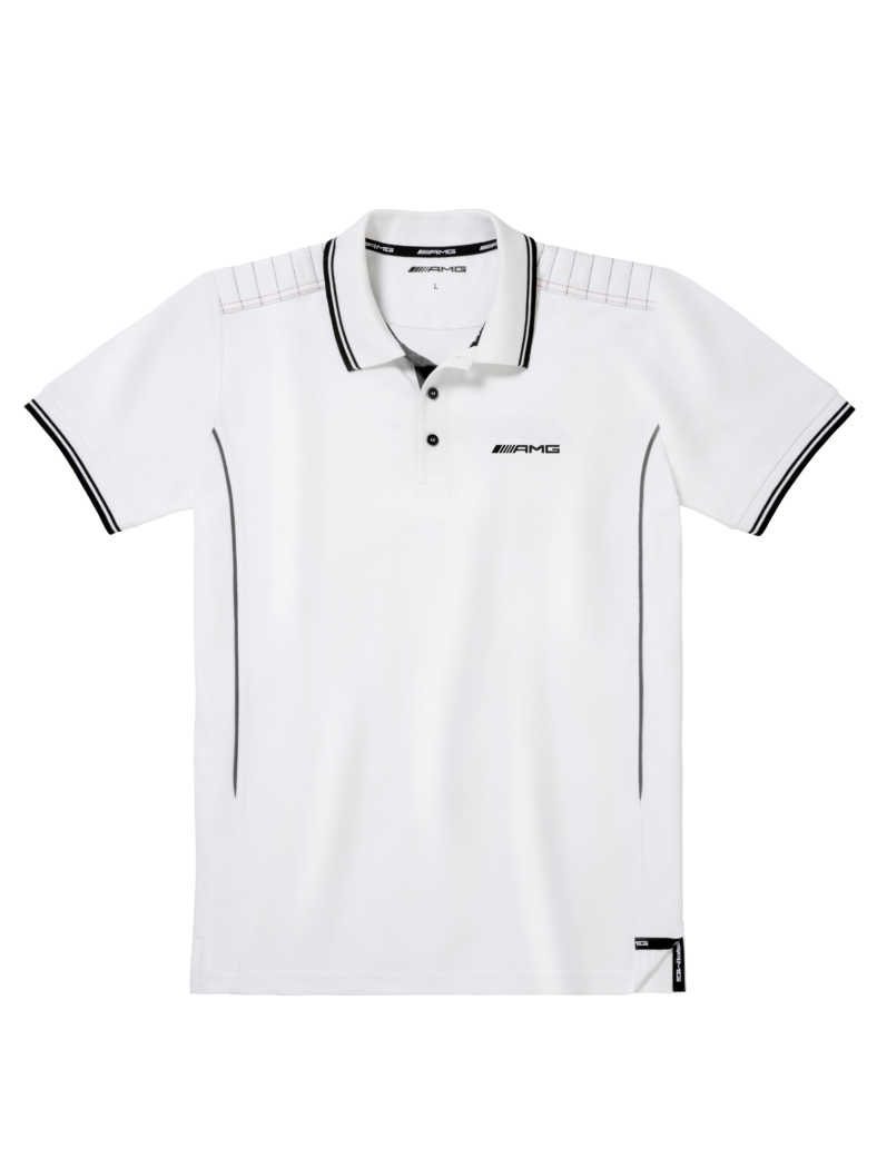 Poloshirt Herren, Weiß mit grauen und schwarzen Kontrasten. Men’s polo shirt, white with grey and black contrasts.